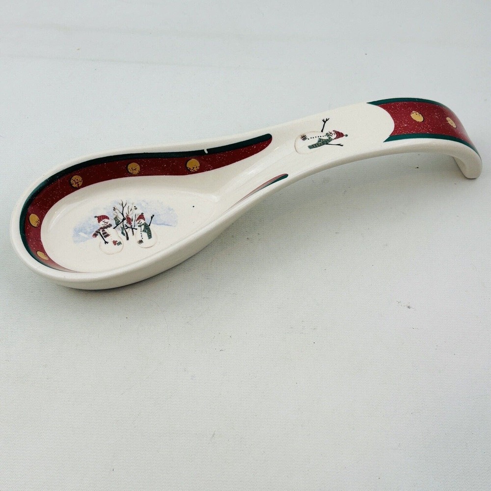Royal Seasons Snowmen Spoon Rest Red Band Dots Green‎ Trim Stoneware